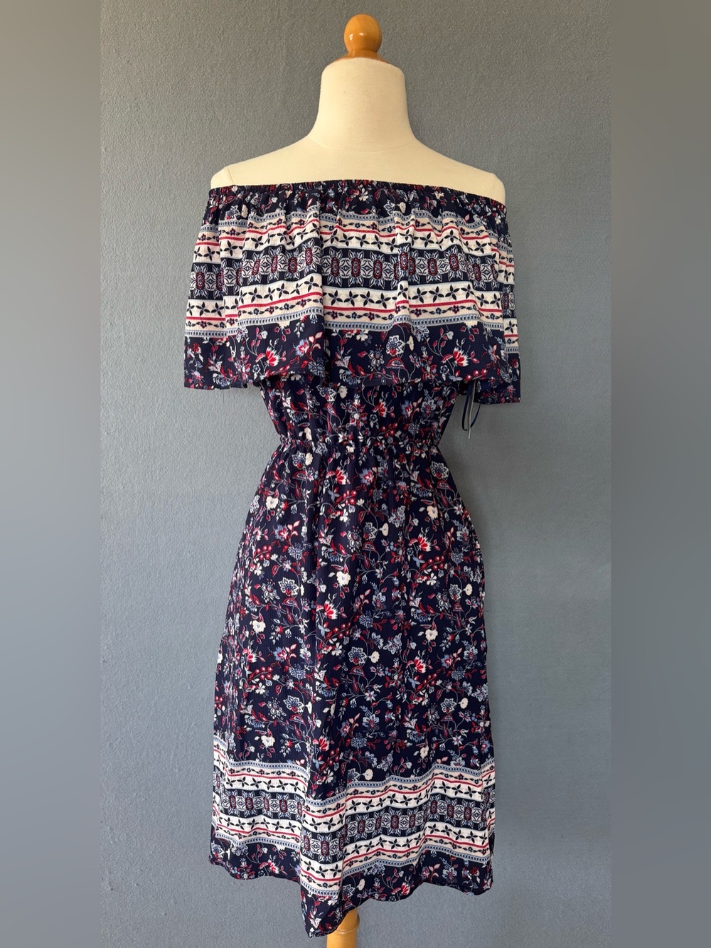 STYLE & CO Navy Floral Off Shoulder Dress Small NWT Boho Pockets - Picture 2 of 10